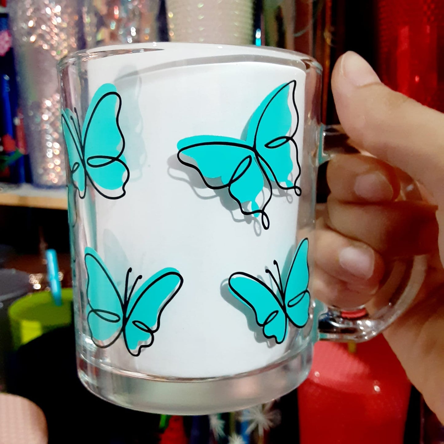 Teal Butterfly Glass Mug