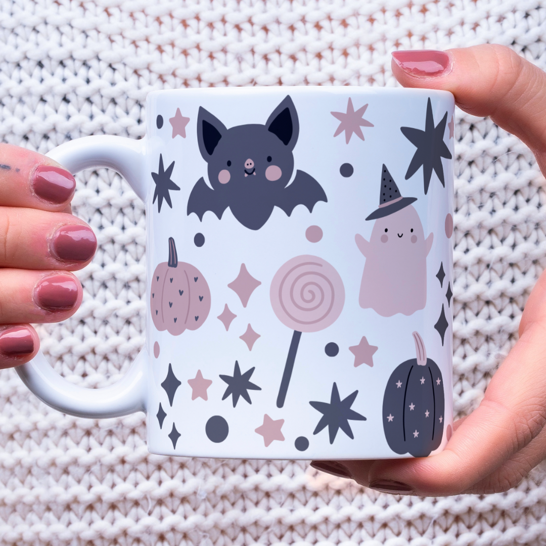 Pink and Grey Halloween Mug - Grey Hearts Pumpkin Version