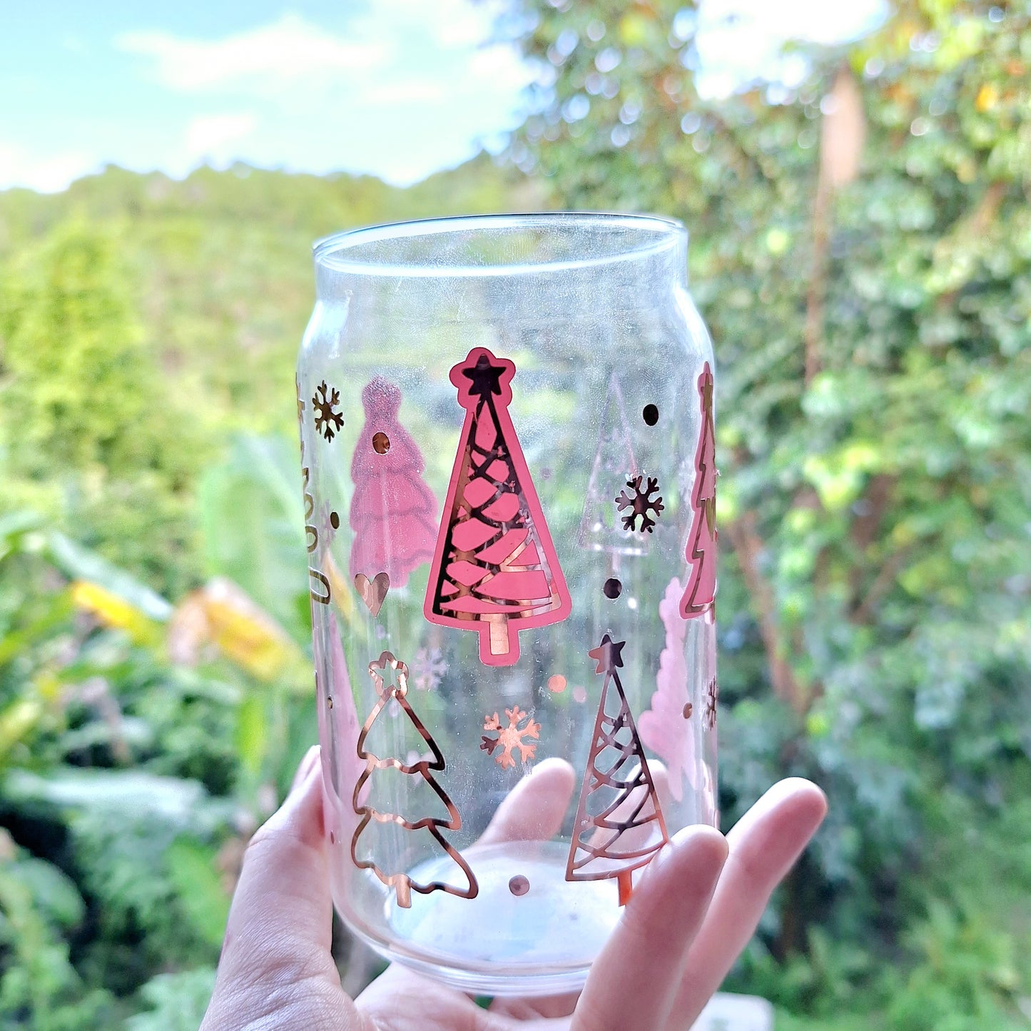 Pink Christmas Tree Can Glass