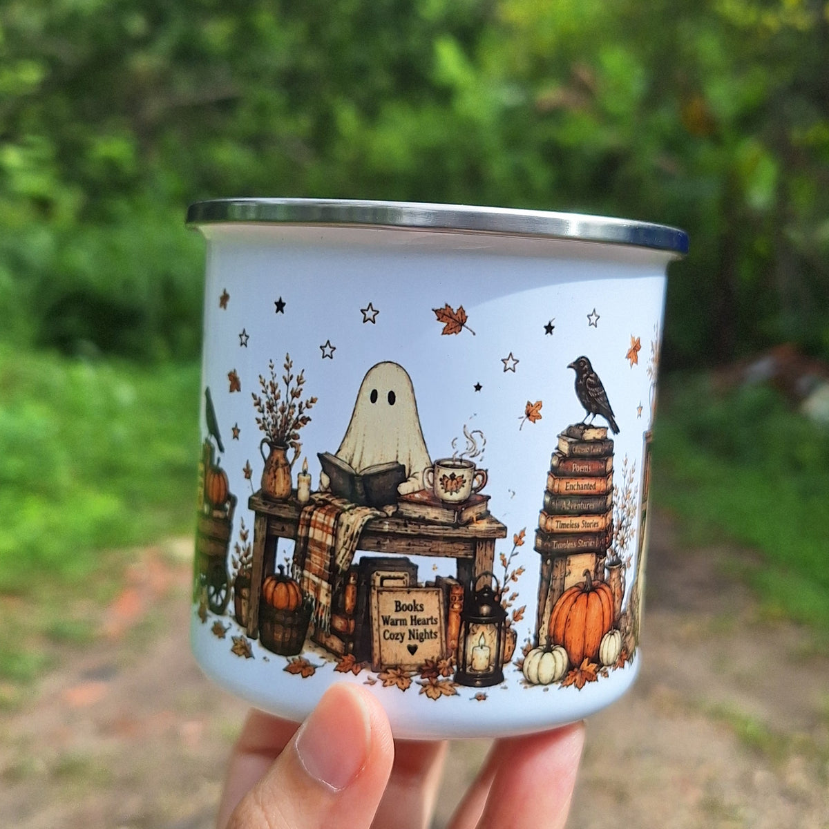 Fall Bookish Ghosties Enamel Mug