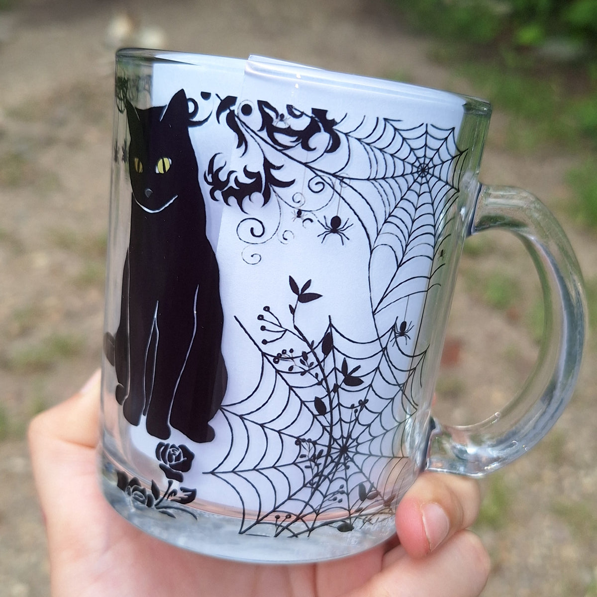 Black Cat Spiderweb Glass Mug
