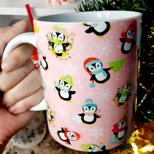 Pink Penguins Christmas Mug