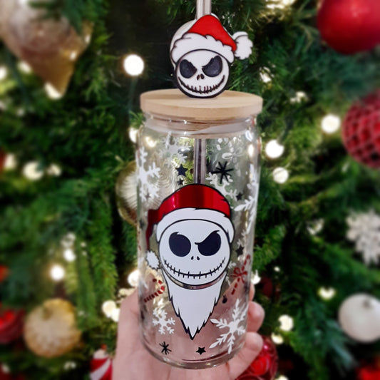 Jack Skellington Sandy Claws Beer Can Glass and Straw Topper