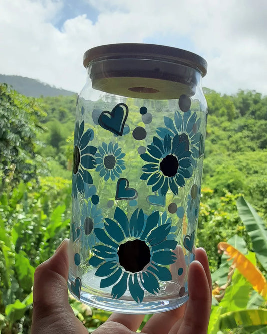 Blue Sunflower Beer Can Glass