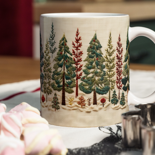 Green and Red Embroidery Christmas Trees Mug