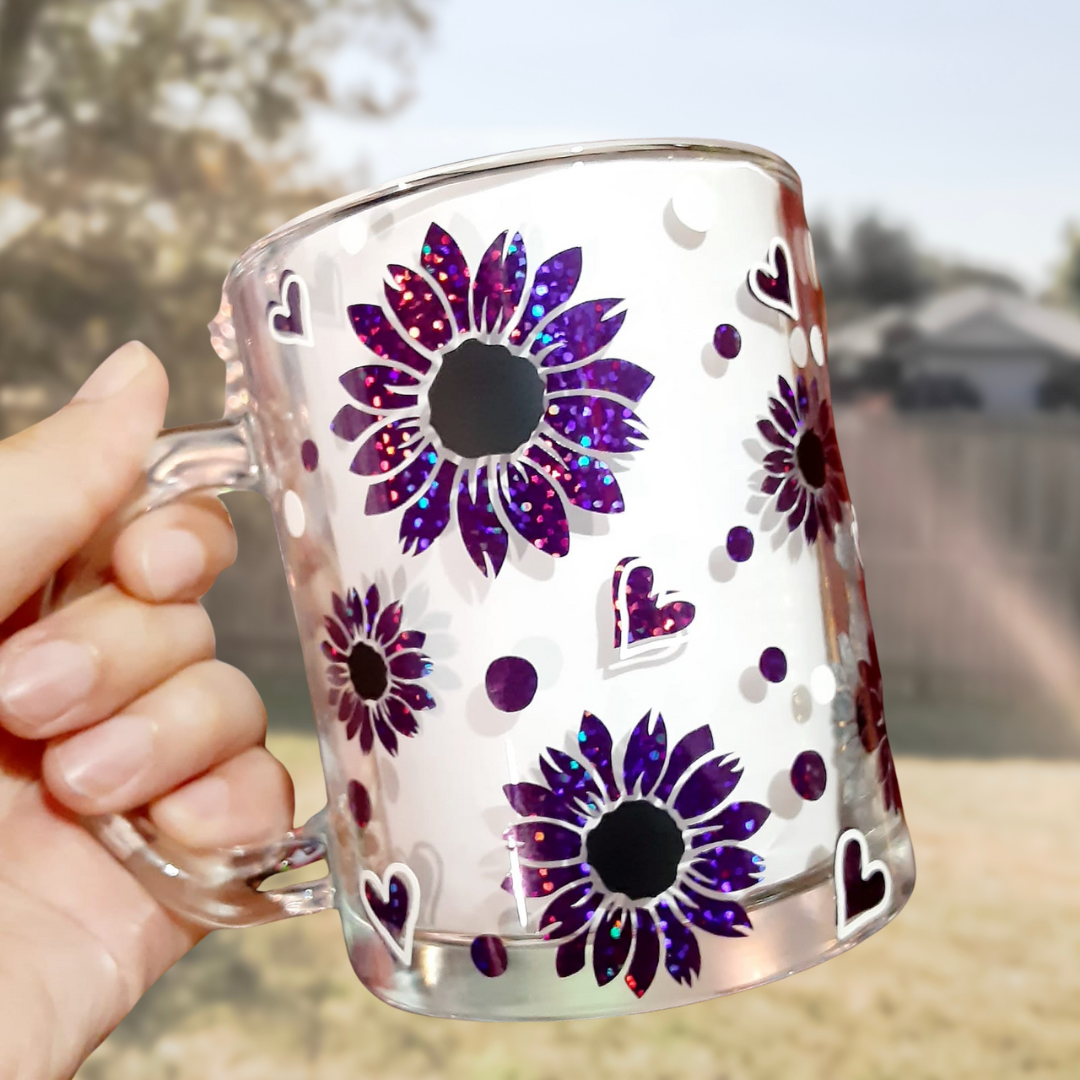 Glitter Purple Sunflower Glass Mug