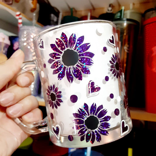 Glitter Purple Sunflower Glass Mug