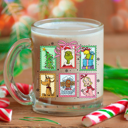Grinch Stamps Glass Mug