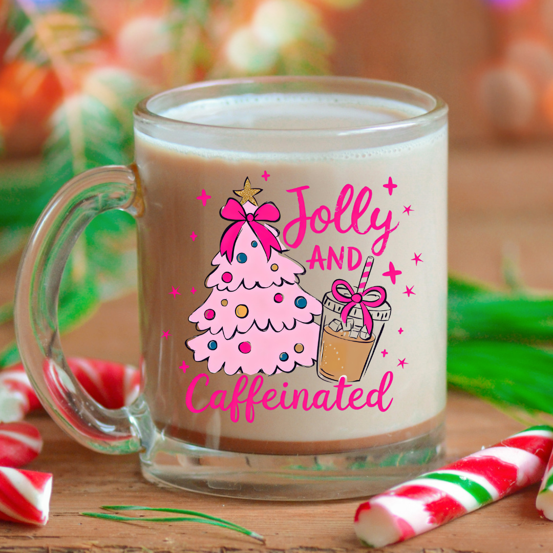Jolly and Caffeinated Glass Mug (Pink)