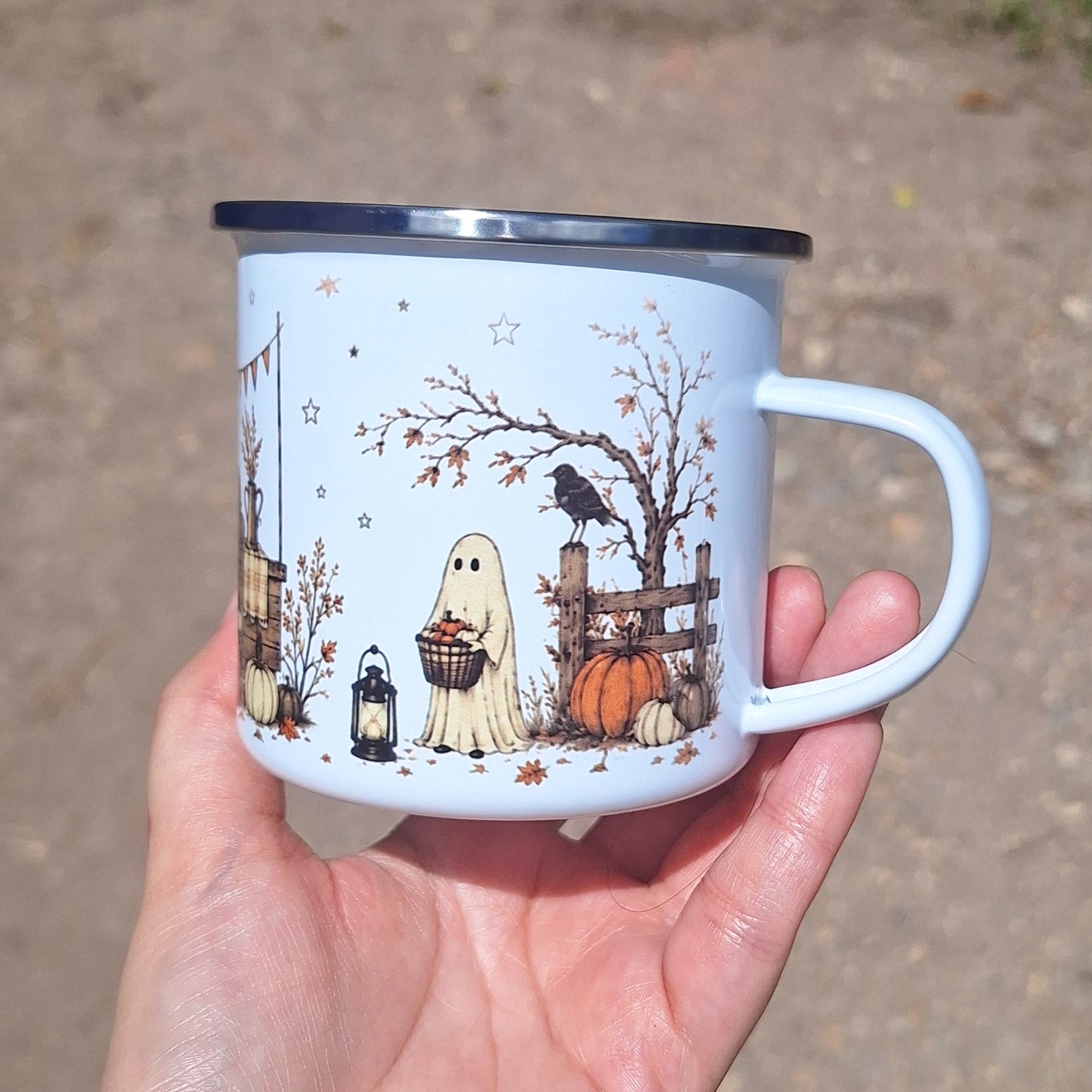 Fall Pumpkin Ghost Enamel Mug
